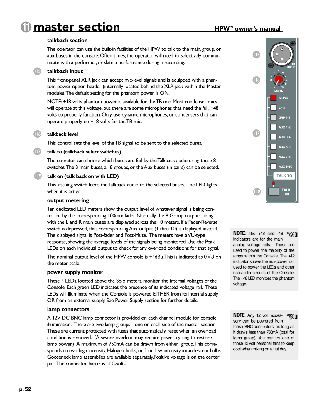 Crest Audio HPW owner manual Talkback input, Power supply monitor, Lamp connectors 