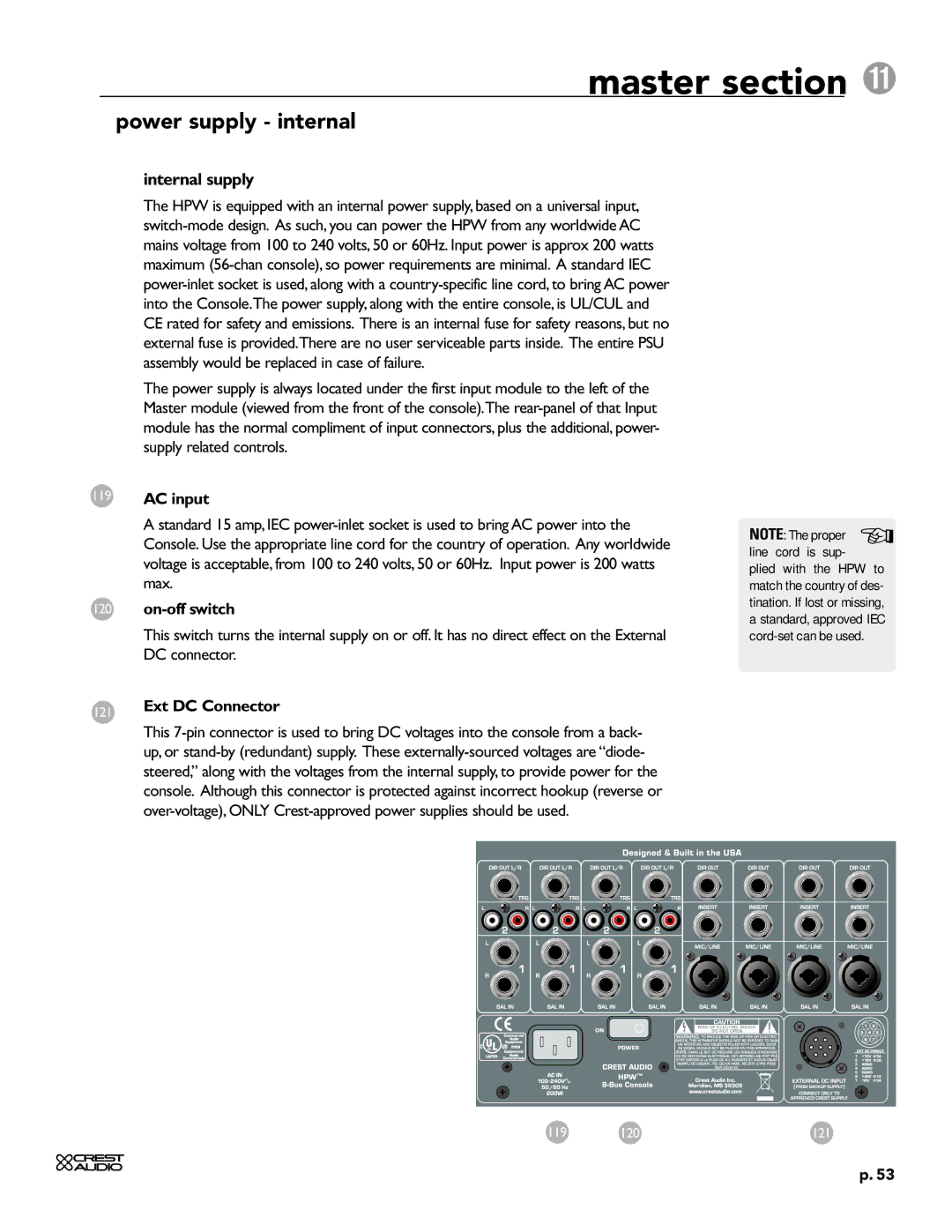 Crest Audio HPW owner manual Power supply internal, Internal supply, AC input, On-off switch, Ext DC Connector 