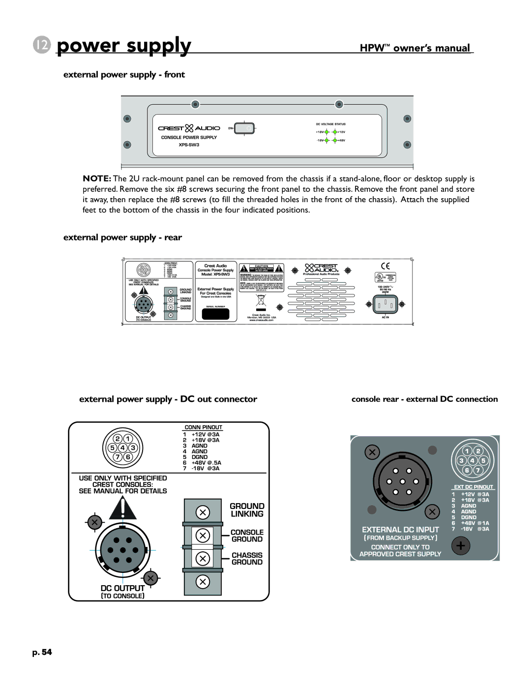 Crest Audio HPW owner manual Power supply, External power supply front External power supply rear 