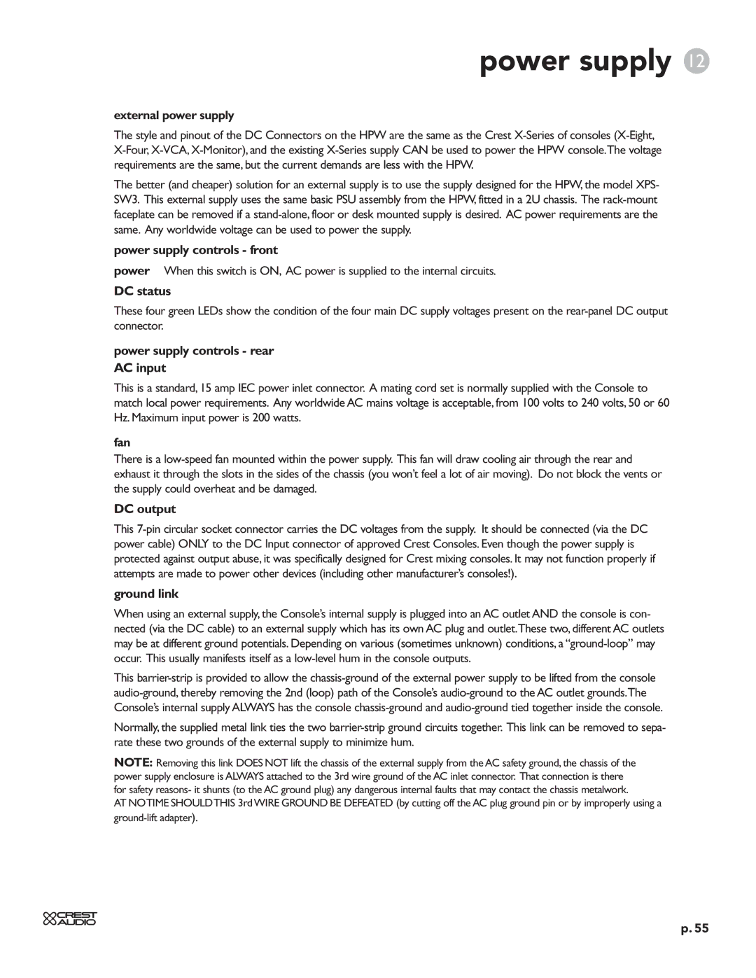 Crest Audio HPW Power supply controls front, DC status, Power supply controls rear AC input, DC output, Ground link 