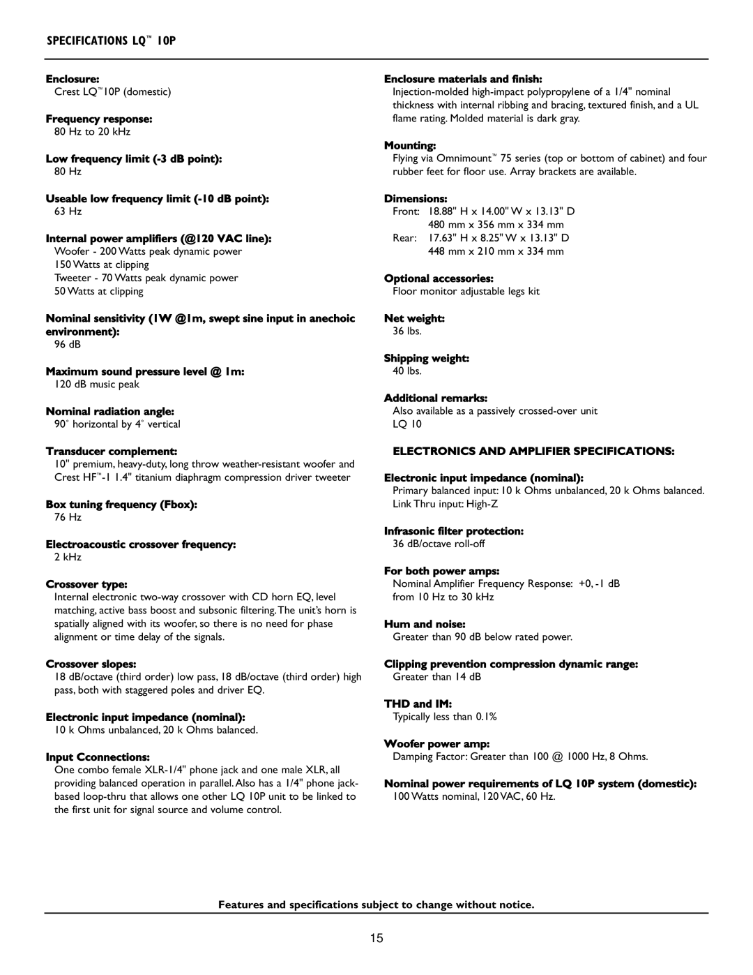 Crest Audio user manual Specifications LQ 10P, Transducer complement 