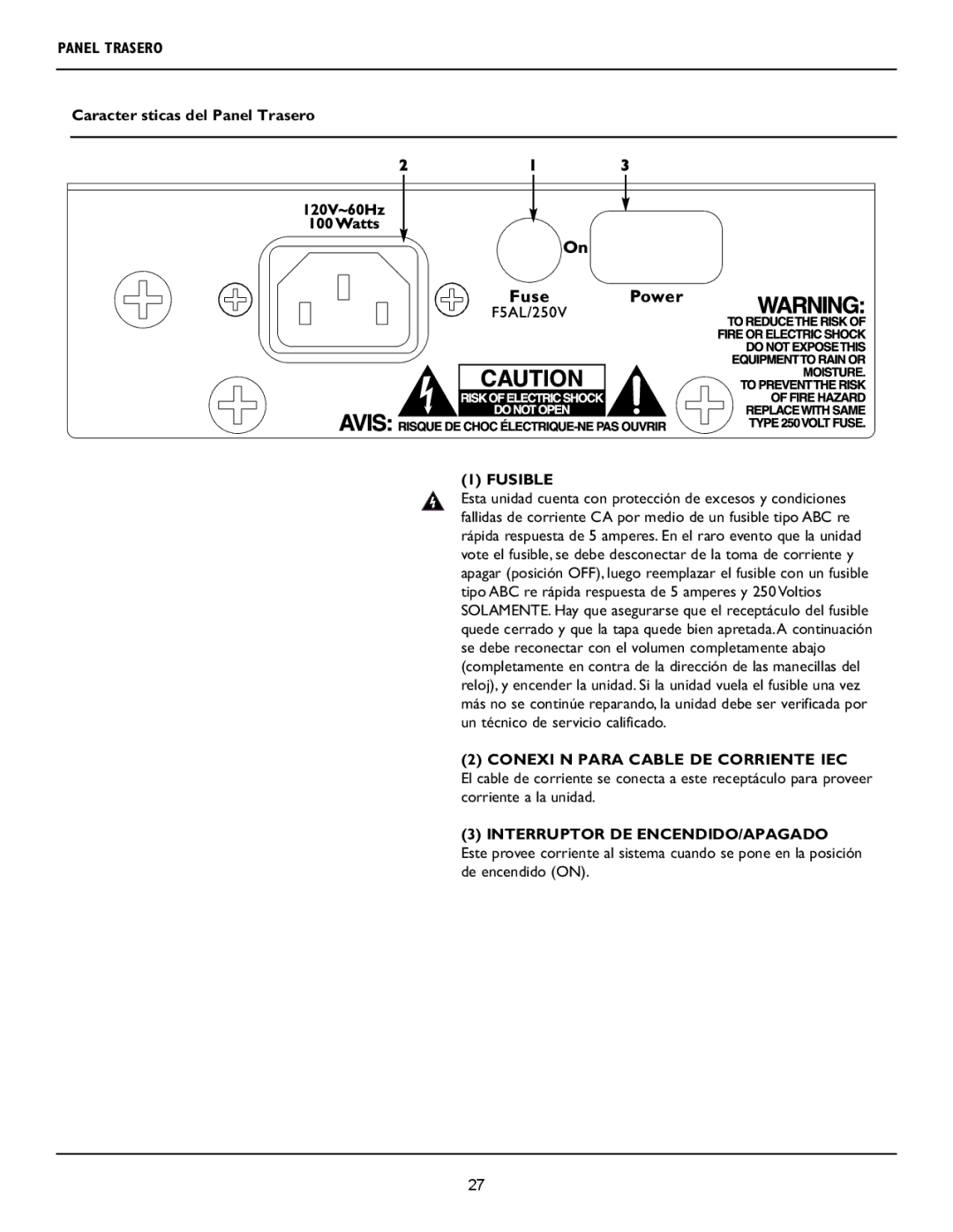 Crest Audio LQ 10P user manual Caracter sticas del Panel Trasero, Fusible, Conexi N Para Cable DE Corriente IEC 