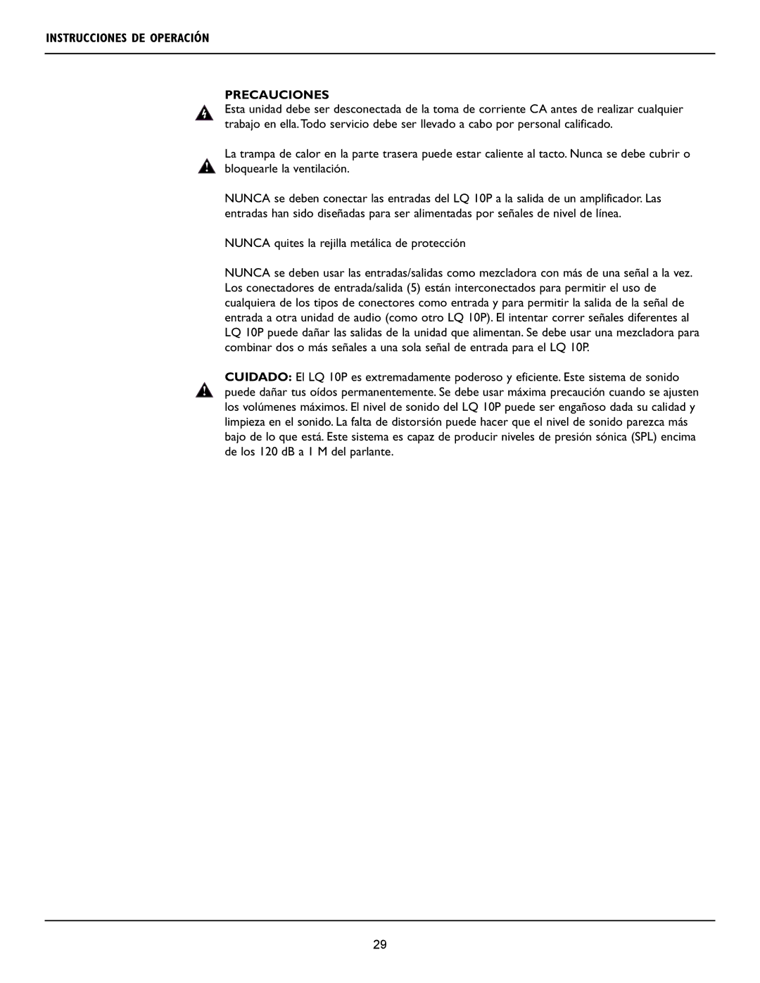 Crest Audio LQ 10P user manual Instrucciones DE Operación Precauciones, Nunca quites la rejilla metálica de protección 