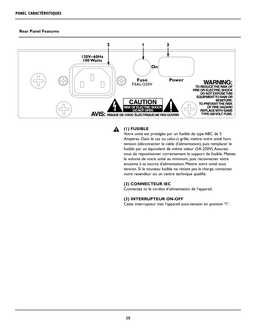 Crest Audio LQ 10P user manual Panel Caractéristiques, Rear Panel Features, Connecteur IEC, Interrupteur ON-OFF 