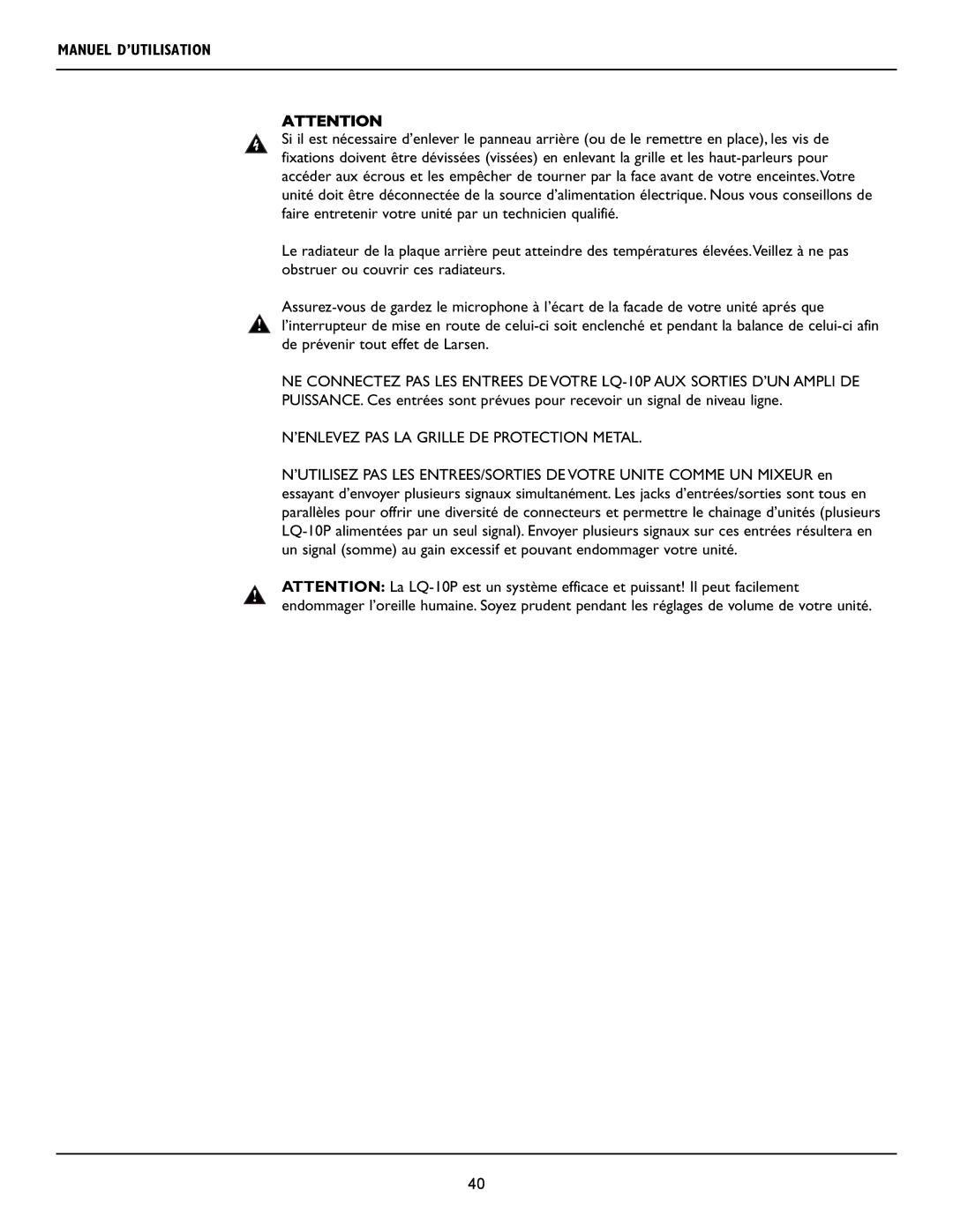 Crest Audio LQ 10P user manual Manuel D’UTILISATION, ’ENLEVEZ PAS LA Grille DE Protection Metal 