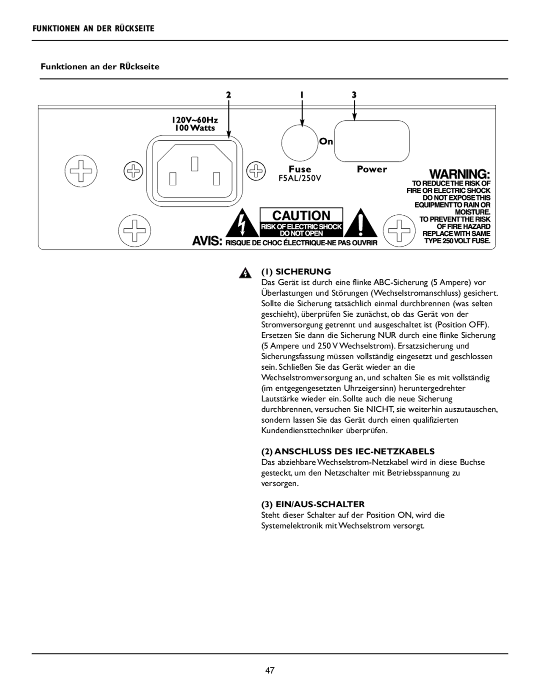 Crest Audio LQ 10P Funktionen AN DER Rückseite, Funktionen an der RÜckseite, Sicherung, Anschluss DES IEC-NETZKABELS 