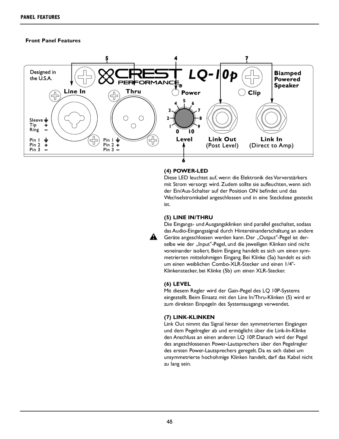 Crest Audio LQ 10P user manual Power-Led, Link-Klinken 