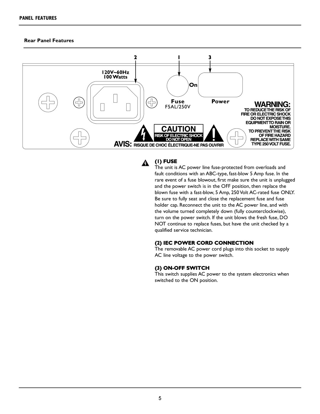 Crest Audio LQ 10P user manual Rear Panel Features Fuse, IEC Power Cord Connection, ON-OFF Switch 