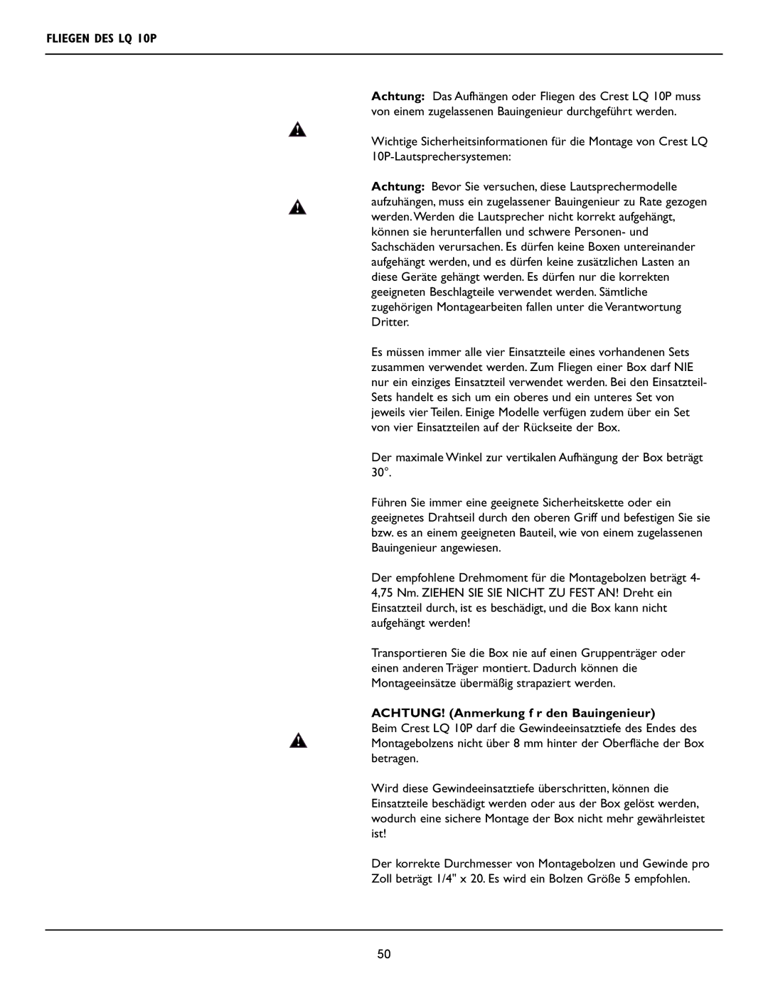 Crest Audio user manual Fliegen DES LQ 10P, ACHTUNG! Anmerkung f r den Bauingenieur 