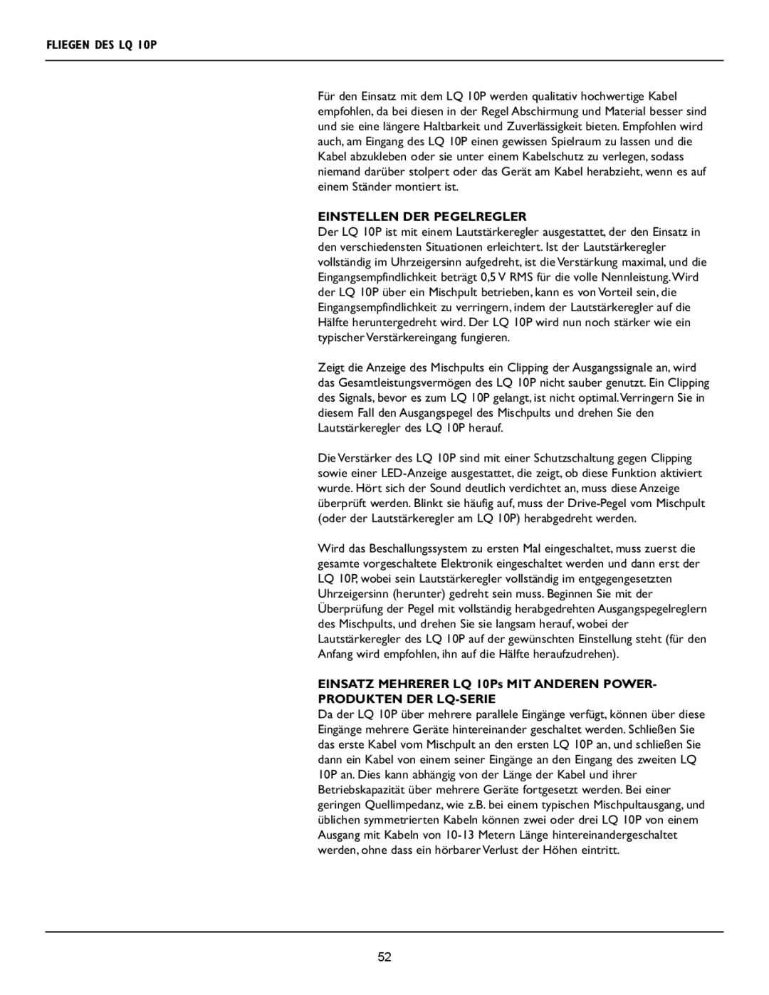 Crest Audio user manual Einstellen DER Pegelregler, Einsatz Mehrerer LQ 10Ps MIT Anderen Power, Produkten DER LQ-SERIE 