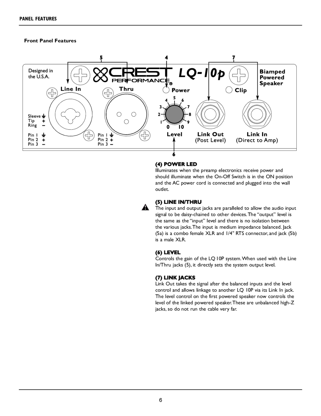 Crest Audio LQ 10P user manual Front Panel Features, Power LED, Line IN/THRU, Level, Link Jacks 