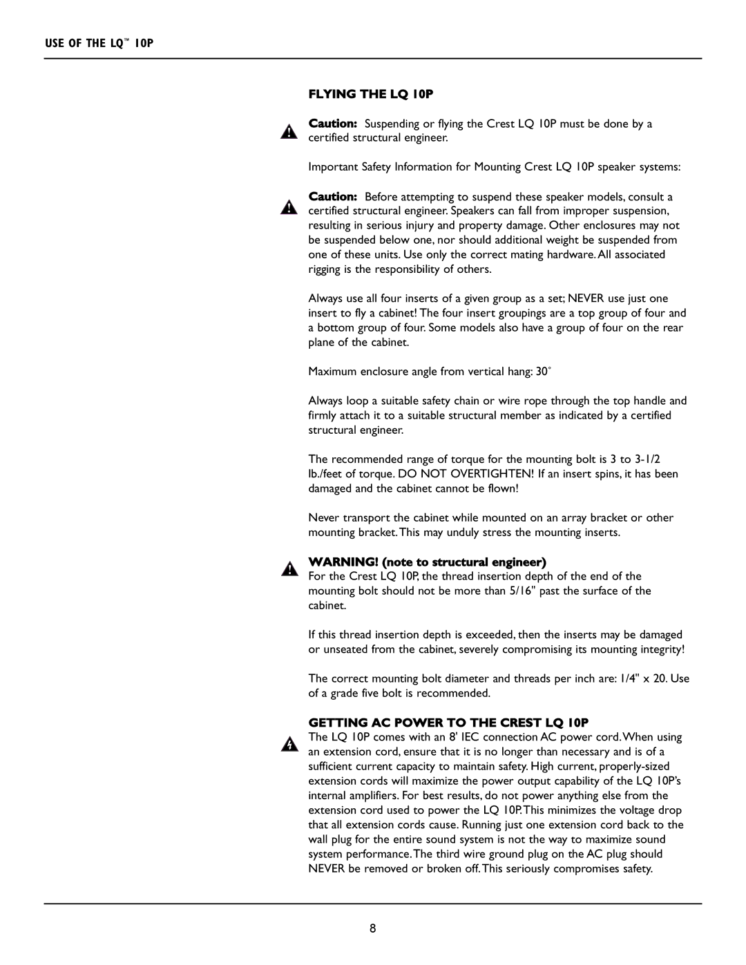 Crest Audio user manual USE of the LQ 10P Flying the LQ 10P, Getting AC Power to the Crest LQ 10P 