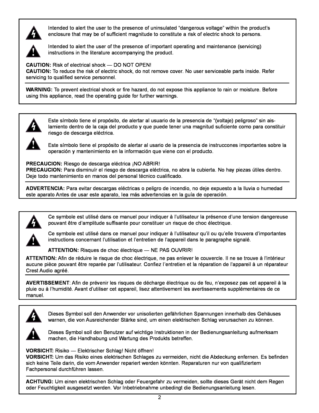 Crest Audio LQ 10P user manual CAUTION Risk of electrical shock - DO NOT OPEN 