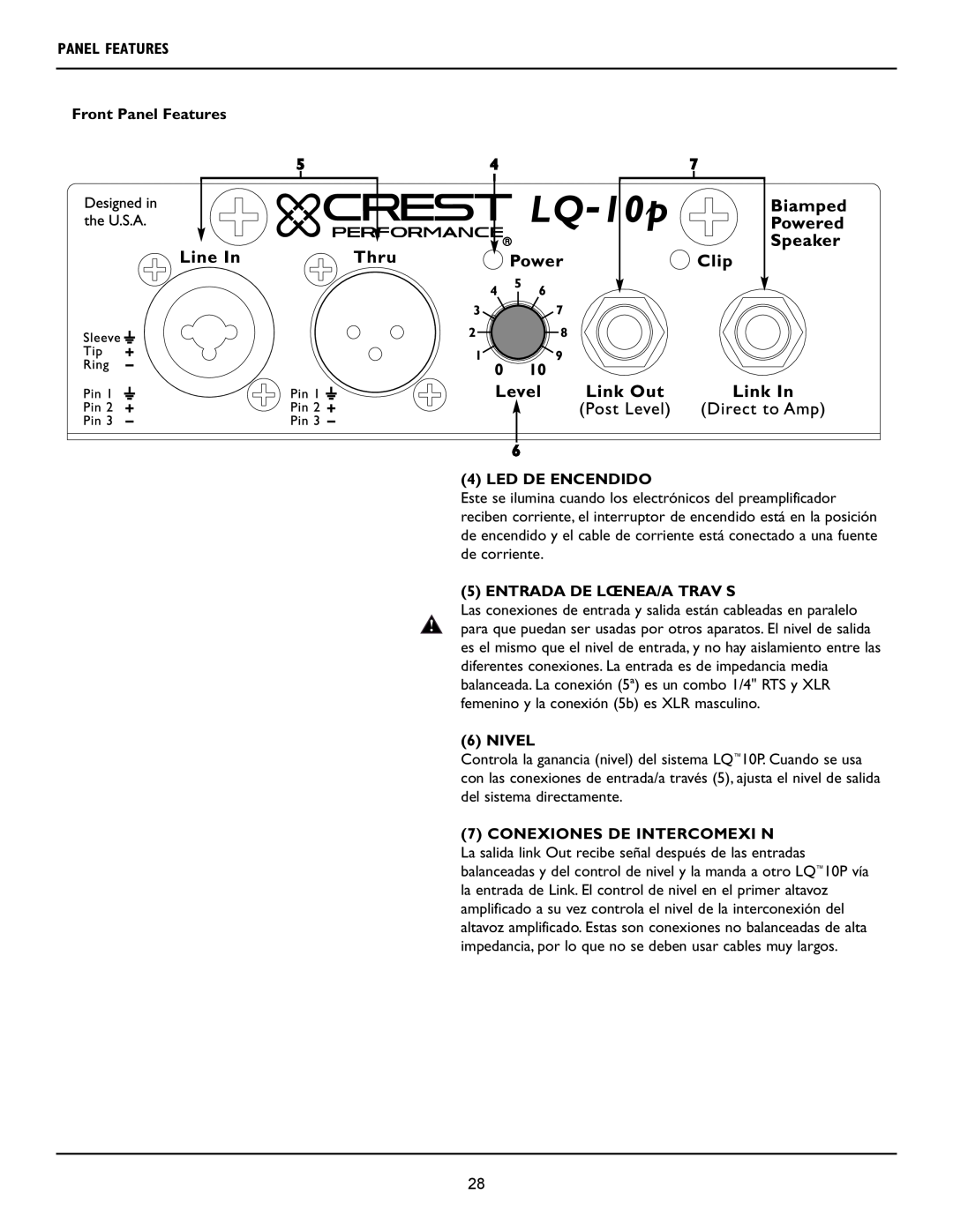 Crest Audio LQ 10P 6 4 LED DE ENCENDIDO, Entrada De Lœnea/A Trav S, Nivel, Conexiones De Intercomexi N, Panel Features 