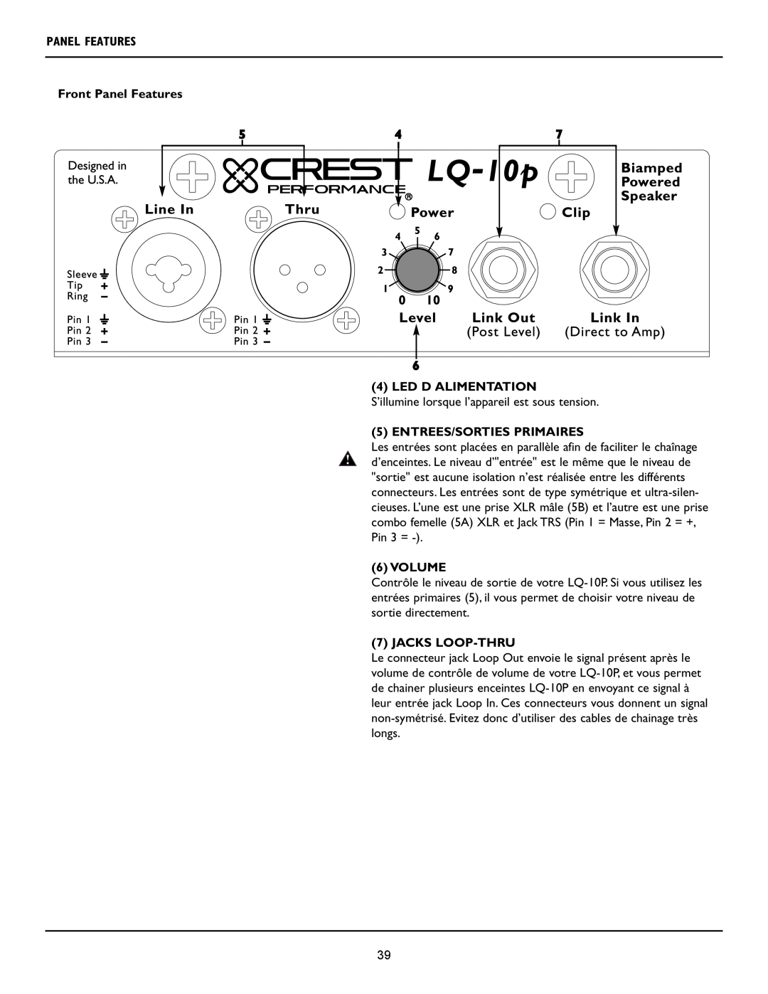 Crest Audio LQ 10P user manual 6 4 LED D ALIMENTATION, Entrees/Sorties Primaires, Volume, Jacks Loop-Thru, Panel Features 