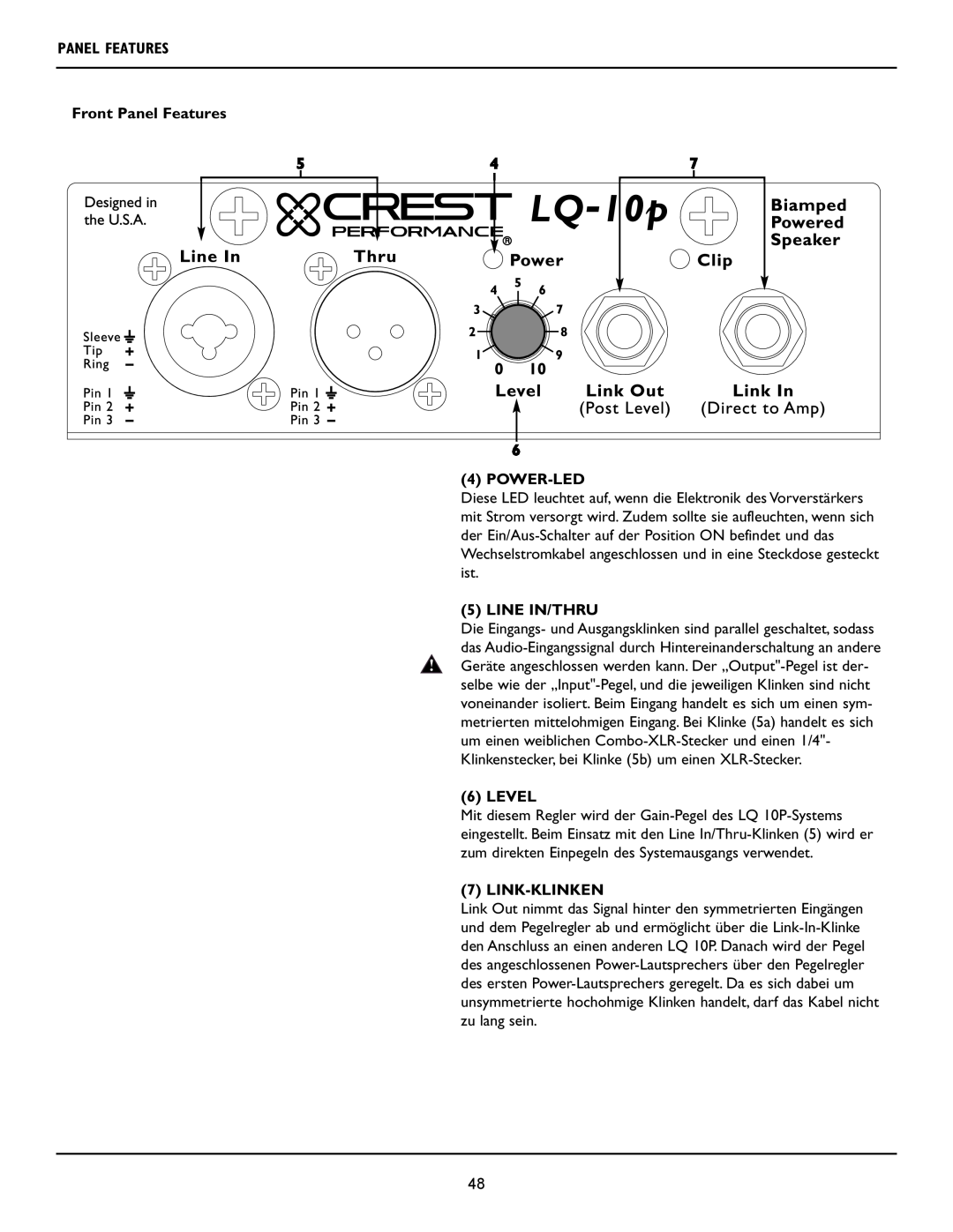 Crest Audio LQ 10P user manual 6 4 POWER-LED, Link-Klinken, Front Panel Features, Line In/Thru, Level 
