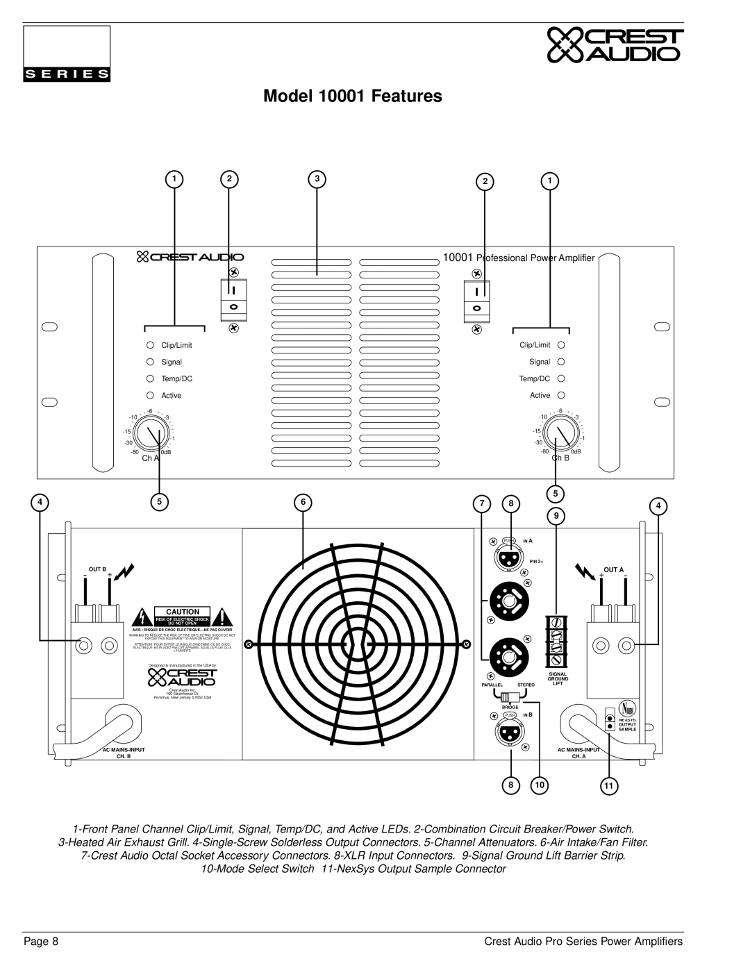 Crest Audio Stereo Amplifier owner manual Model 10001 Features, Professional Power Amplifier 