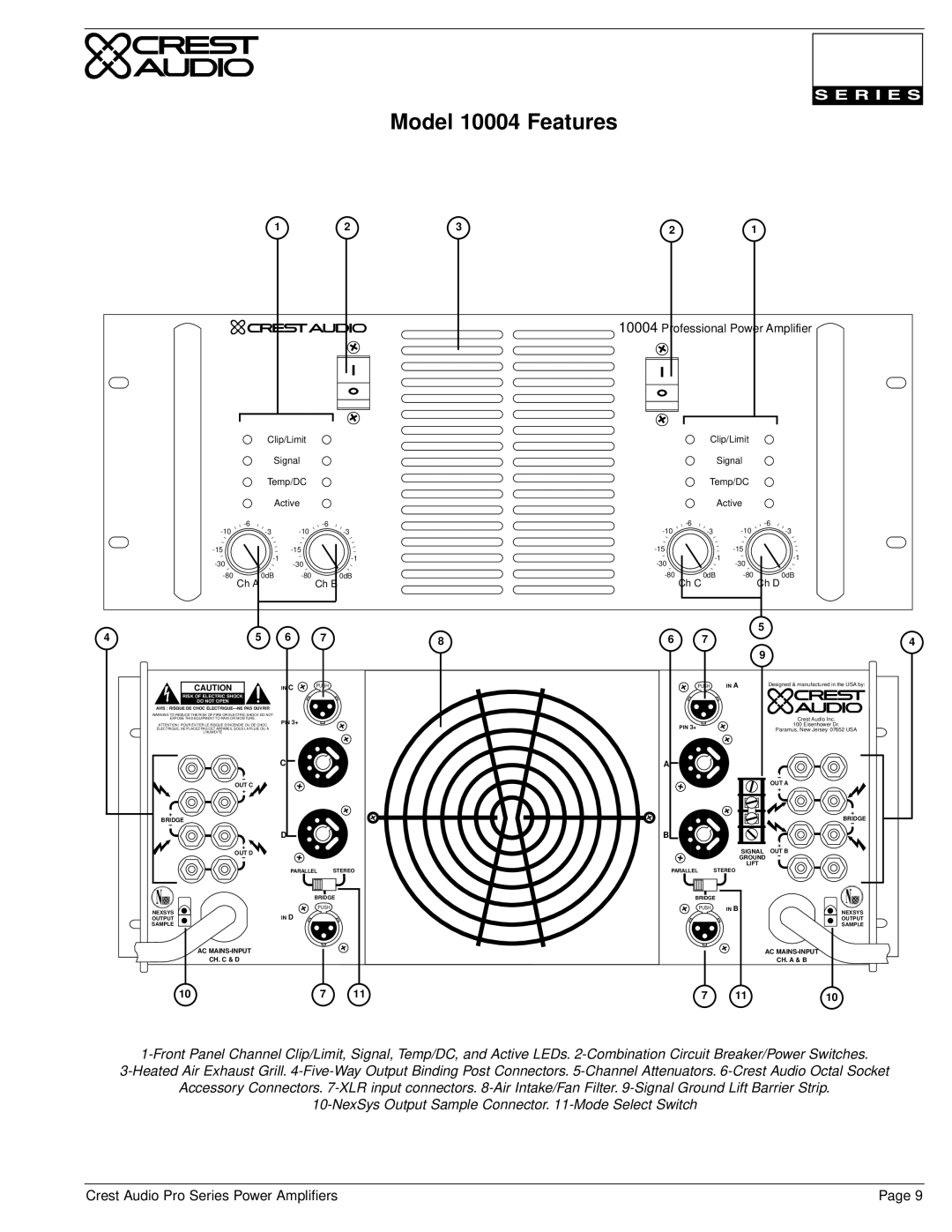 Crest Audio Stereo Amplifier owner manual Model 10004 Features, Ch a Ch B Ch C Ch D 