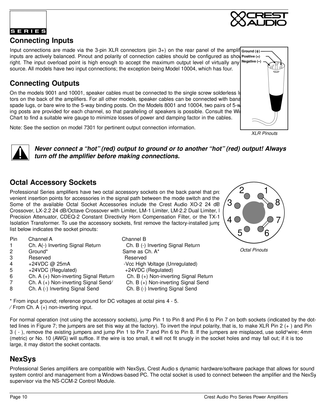 Crest Audio Stereo Amplifier owner manual Connecting Inputs, Connecting Outputs, Octal Accessory Sockets, NexSys 