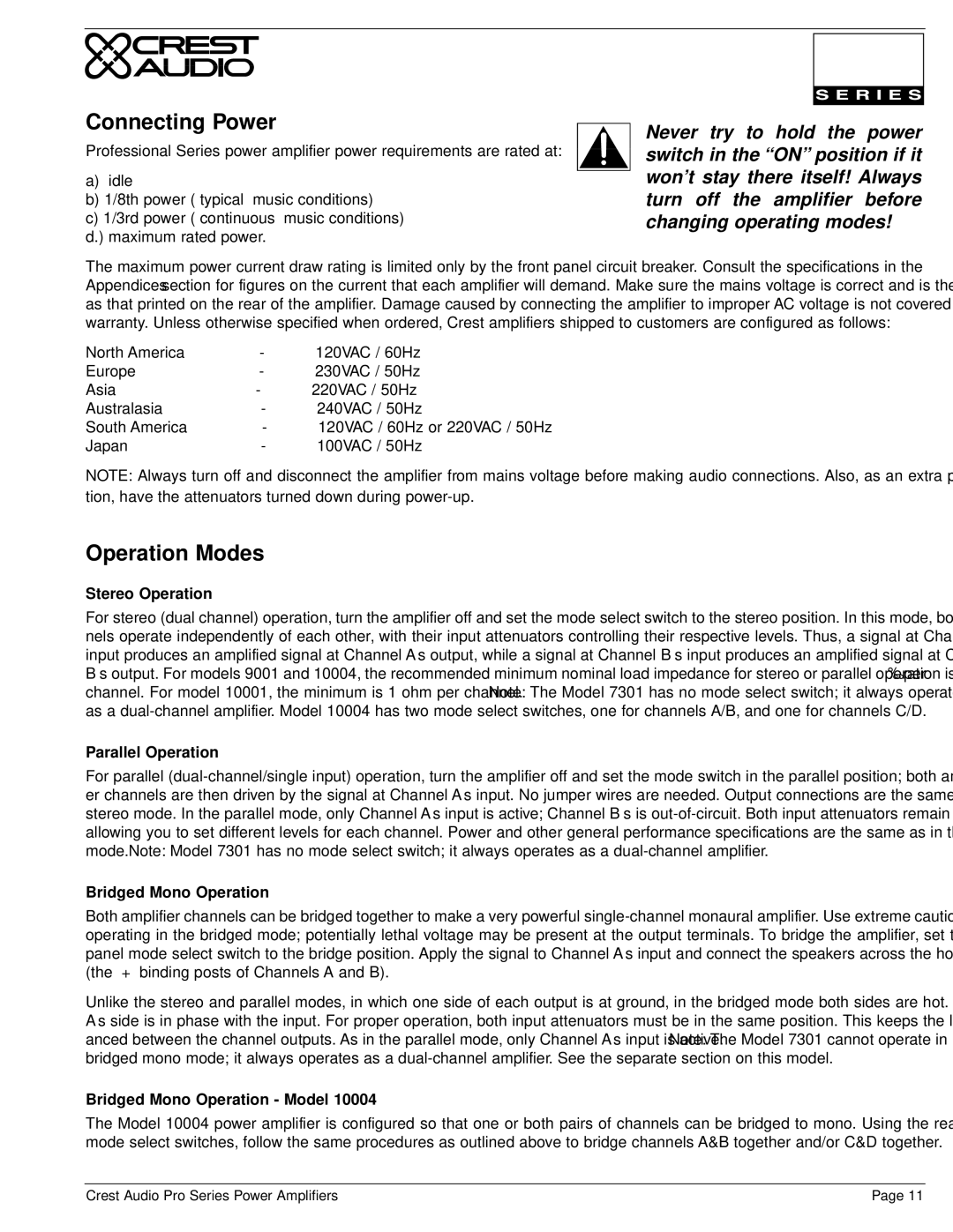 Crest Audio Stereo Amplifier owner manual Connecting Power, Operation Modes 