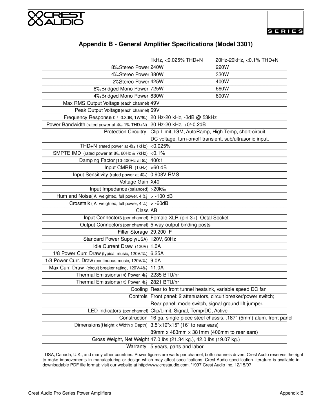 Crest Audio Stereo Amplifier owner manual Appendix B General Amplifier Specifications Model 