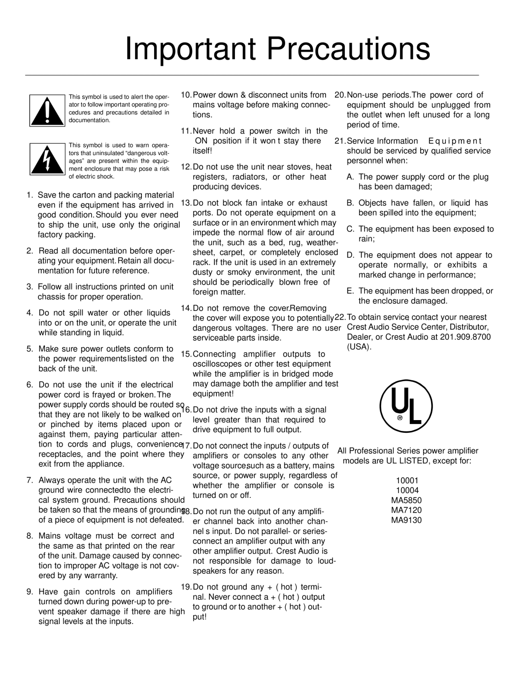 Crest Audio Stereo Amplifier owner manual Important Precautions 