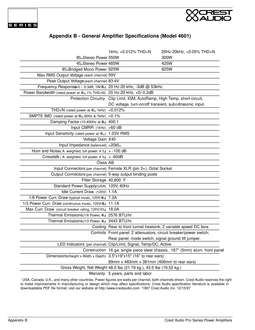 Crest Audio Stereo Amplifier owner manual 1kHz, 0.012% THD+N 20Hz-20kHz, 0.05% THD+N 8Ω Stereo Power 