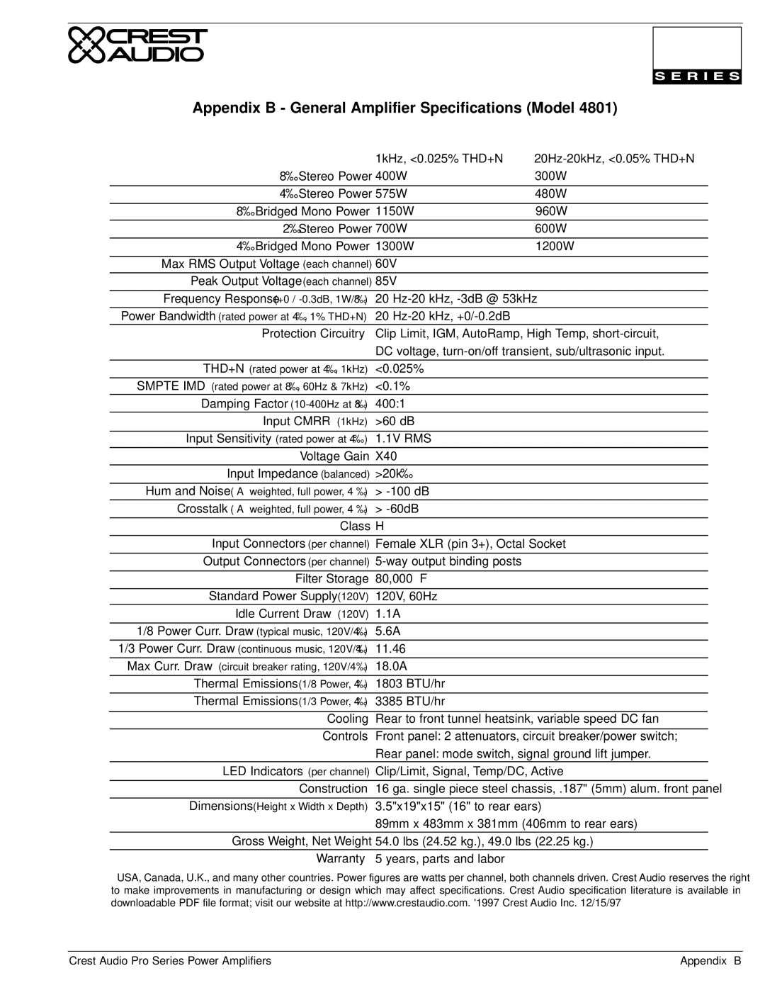 Crest Audio Stereo Amplifier owner manual 1kHz, 0.025% THD+N 20Hz-20kHz, 0.05% THD+N 8Ω Stereo Power 