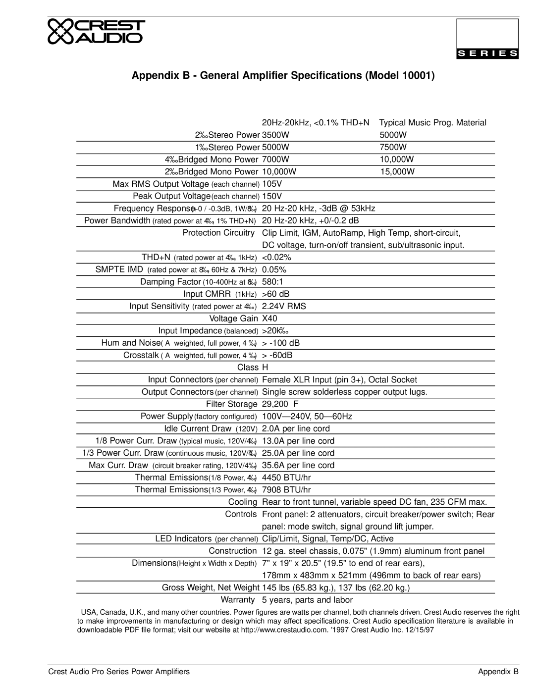 Crest Audio Stereo Amplifier owner manual 1Ω Stereo Power 