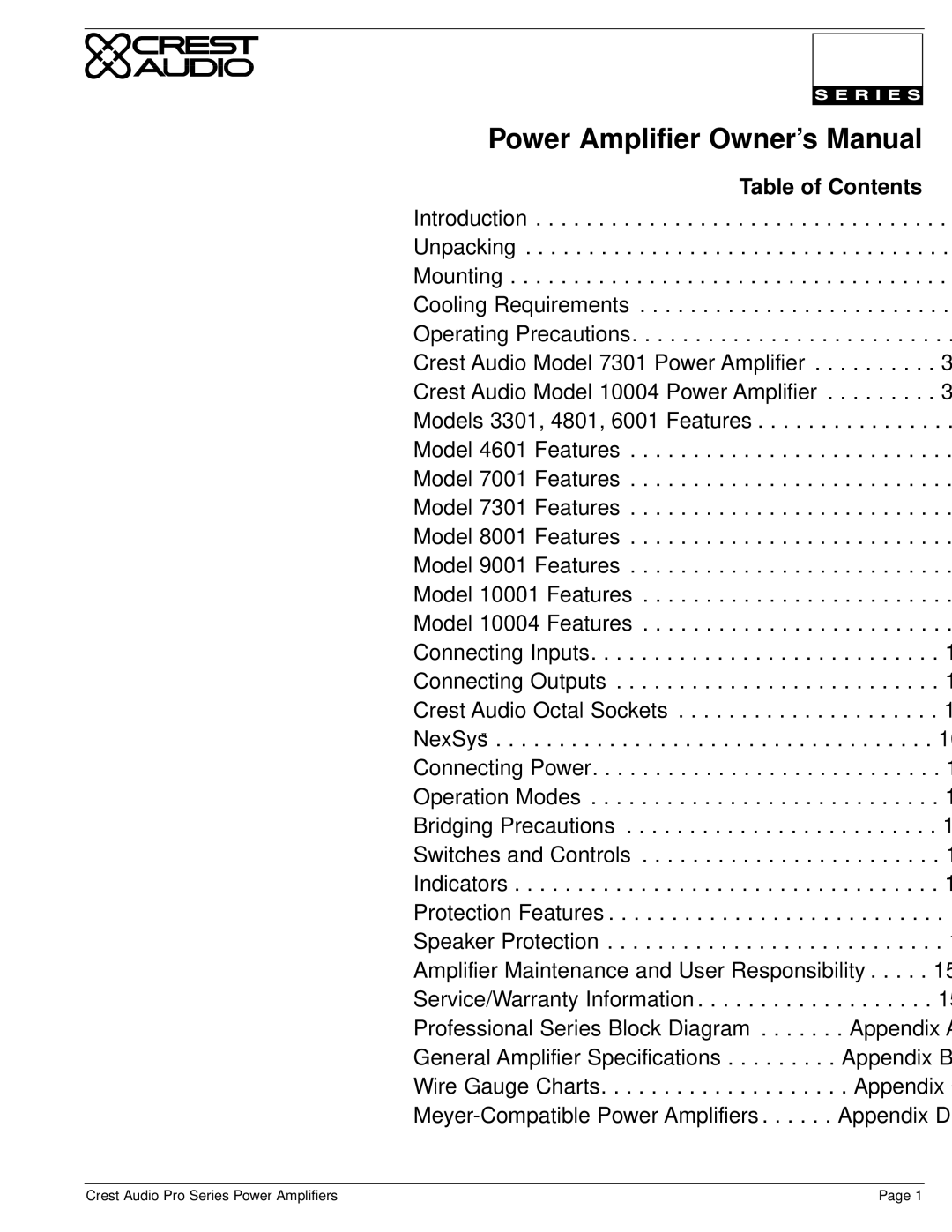 Crest Audio Stereo Amplifier owner manual Table of Contents 