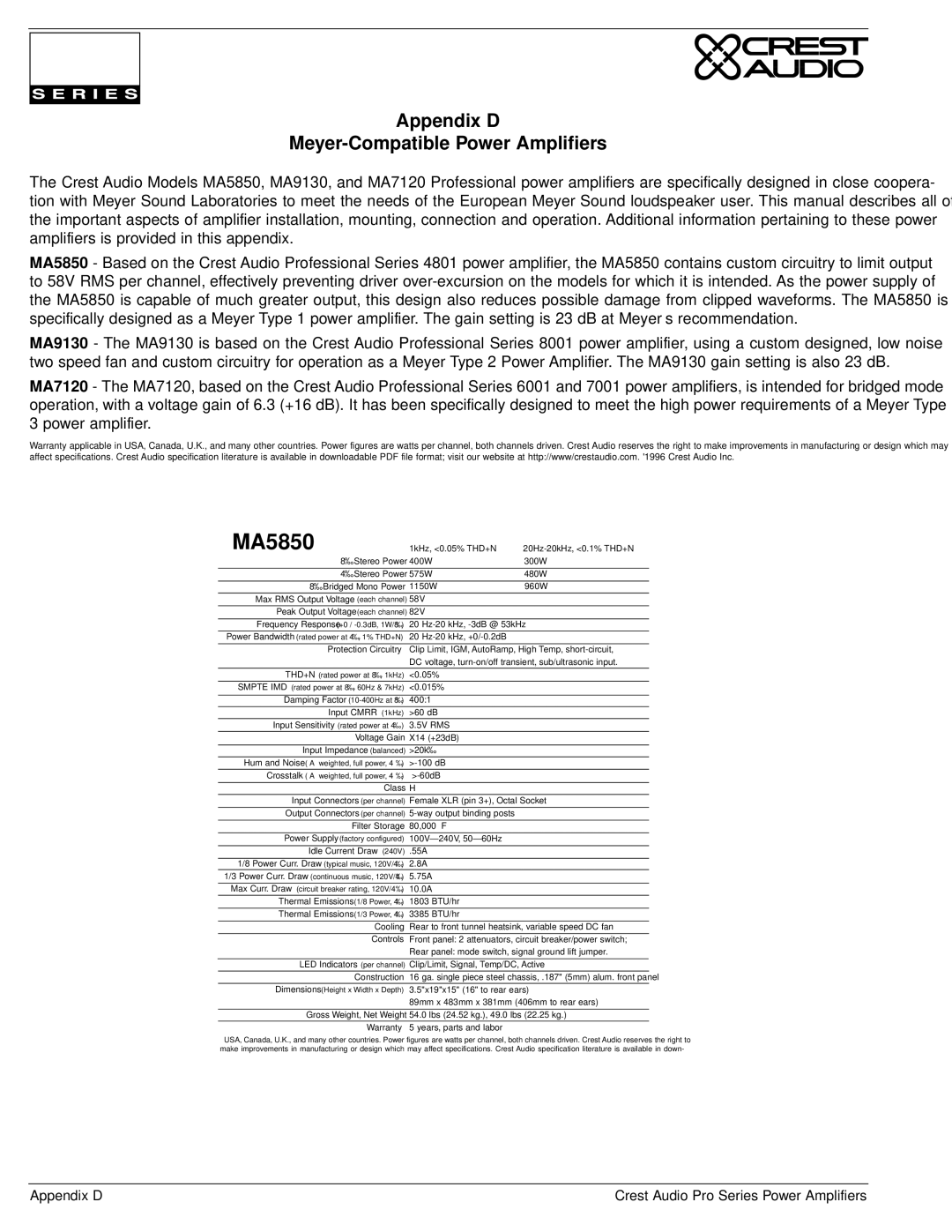 Crest Audio Stereo Amplifier owner manual MA5850, Appendix D Meyer-Compatible Power Amplifiers 