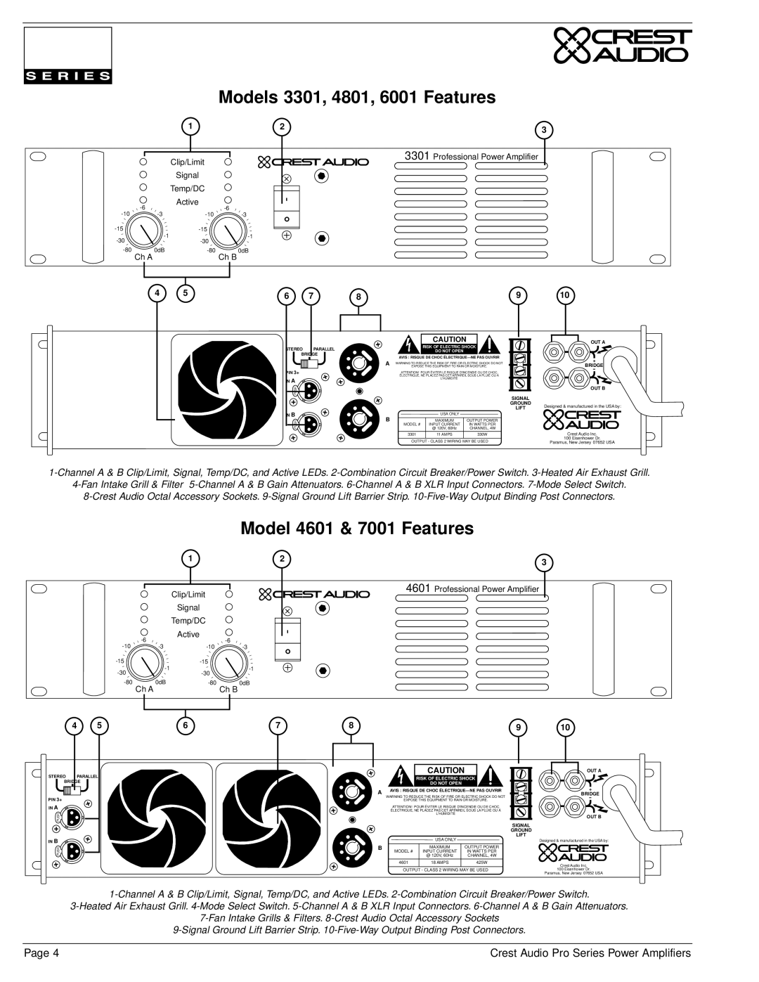 Crest Audio Stereo Amplifier owner manual Models 3301, 4801, 6001 Features, Model 4601 & 7001 Features 