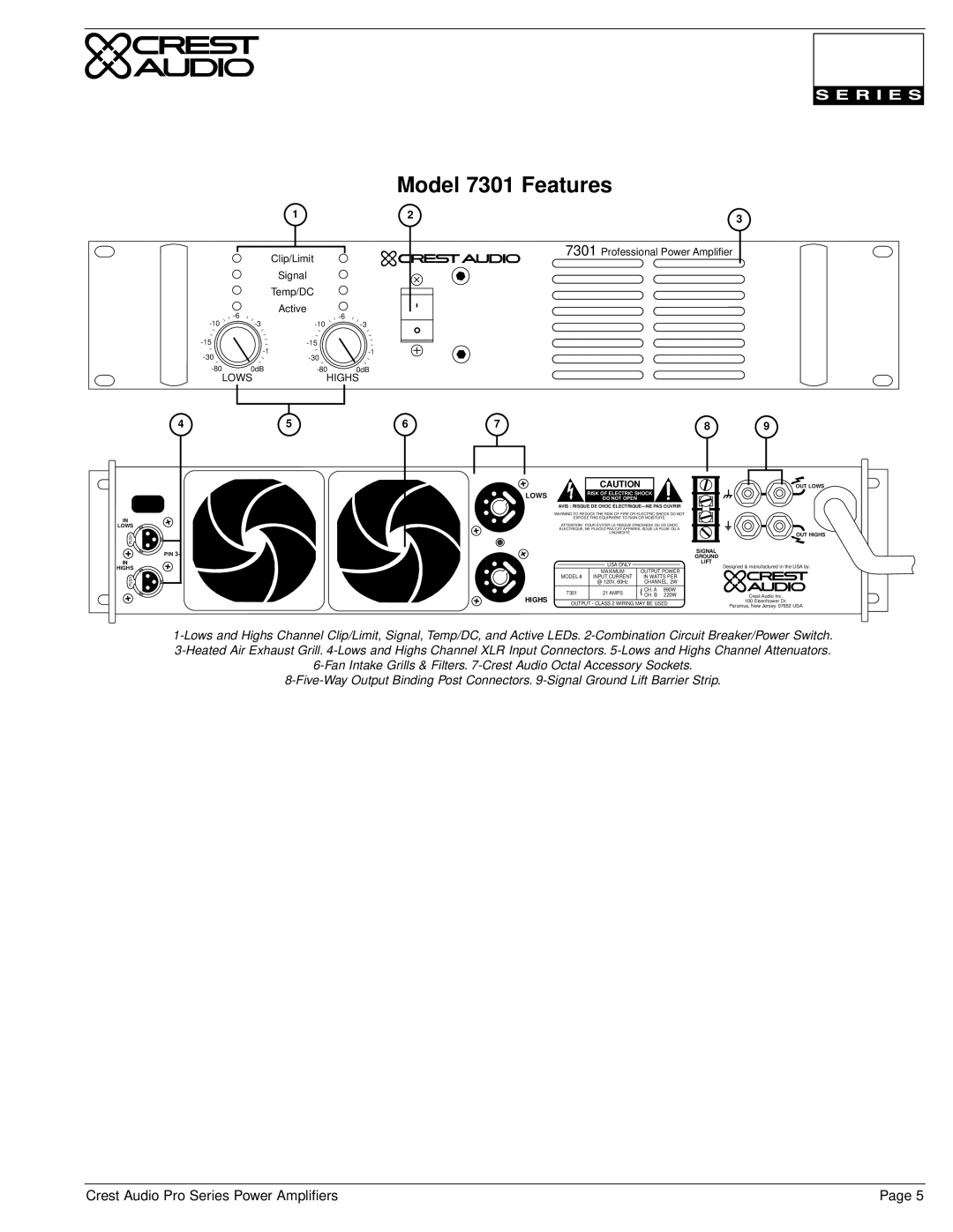 Crest Audio Stereo Amplifier owner manual Model 7301 Features, Lowshighs 