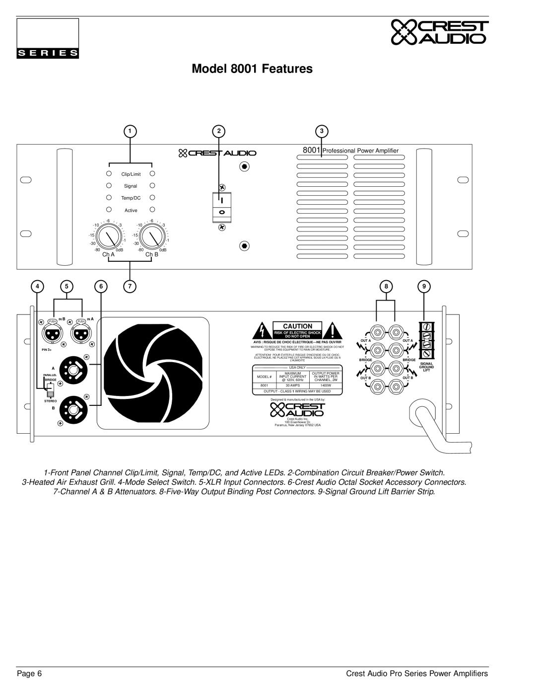 Crest Audio Stereo Amplifier owner manual Model 8001 Features 