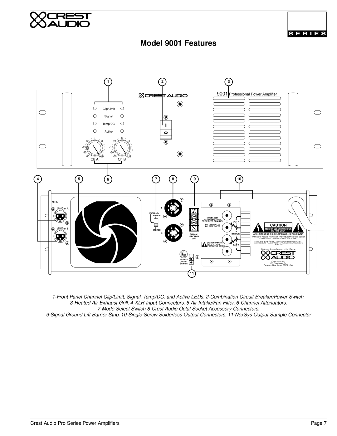 Crest Audio Stereo Amplifier owner manual Model 9001 Features 