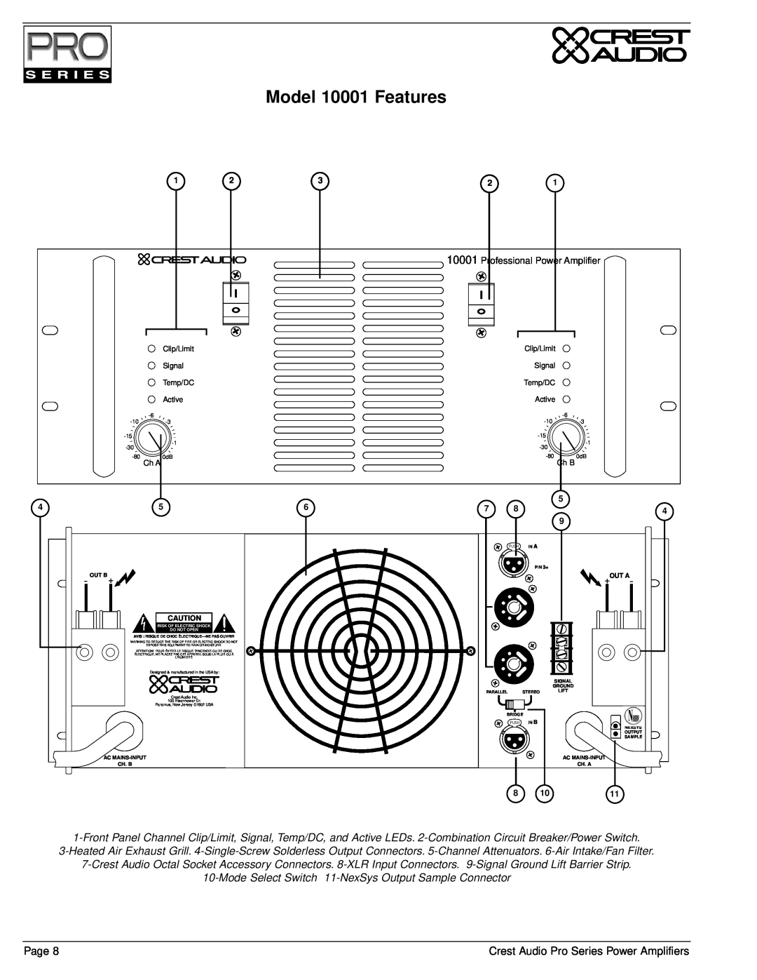 Crest Audio Stereo Amplifier owner manual Model 10001 Features, Professional Power Amplifier 