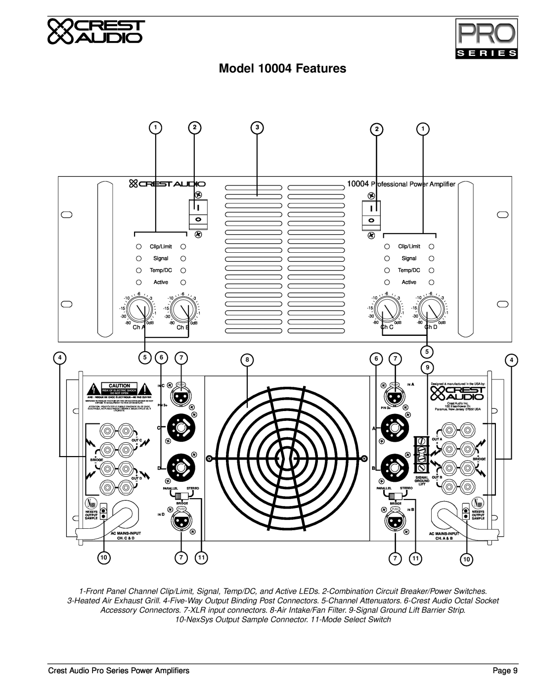 Crest Audio Stereo Amplifier owner manual Model 10004 Features, Professional Power Amplifier 