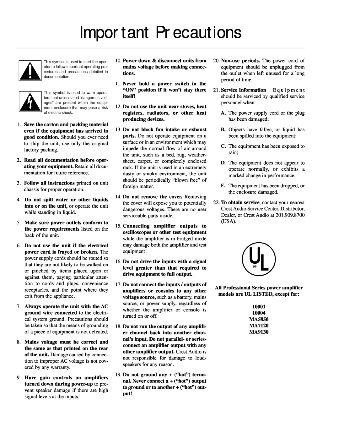 Crest Audio Stereo Amplifier owner manual Important Precautions 