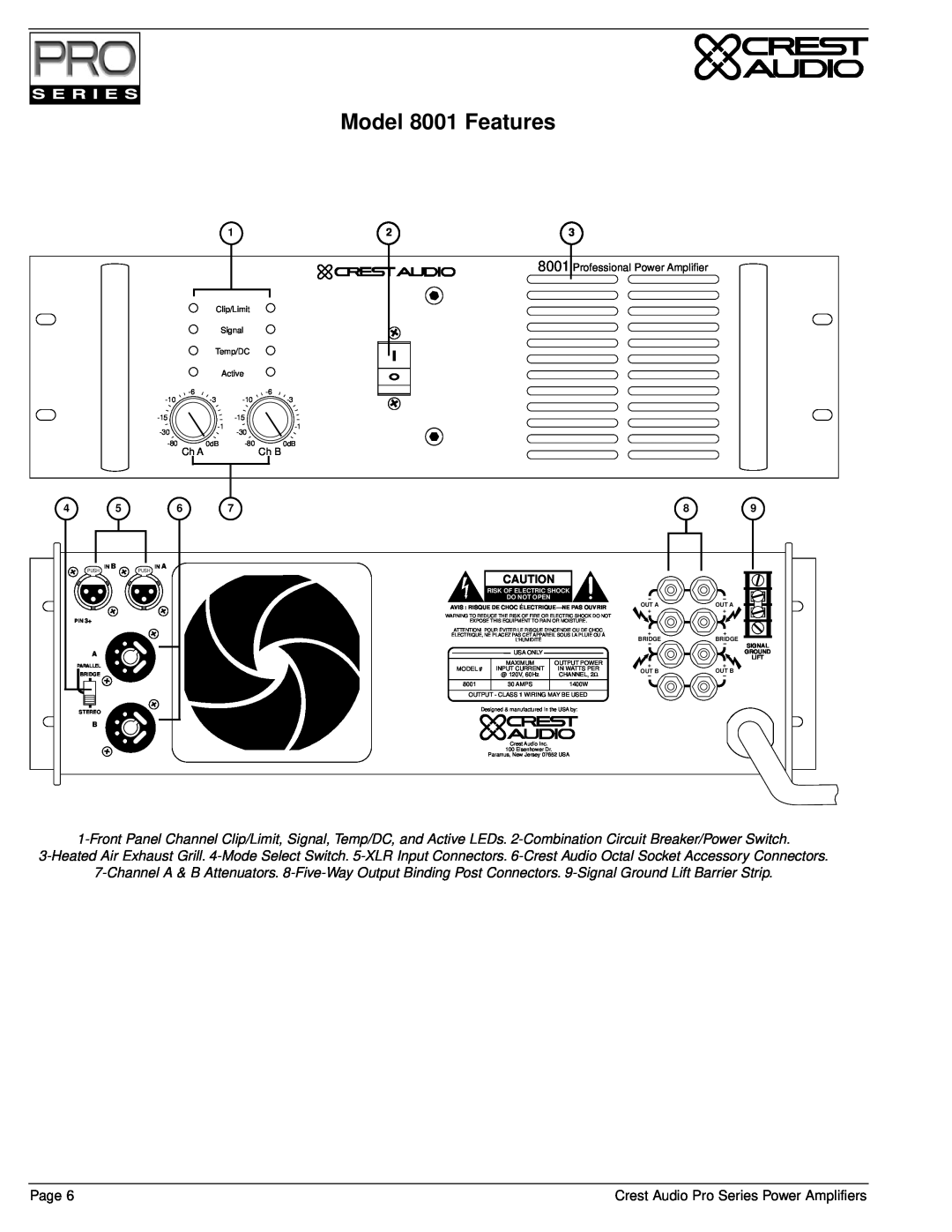 Crest Audio Stereo Amplifier owner manual Model 8001 Features, Page 