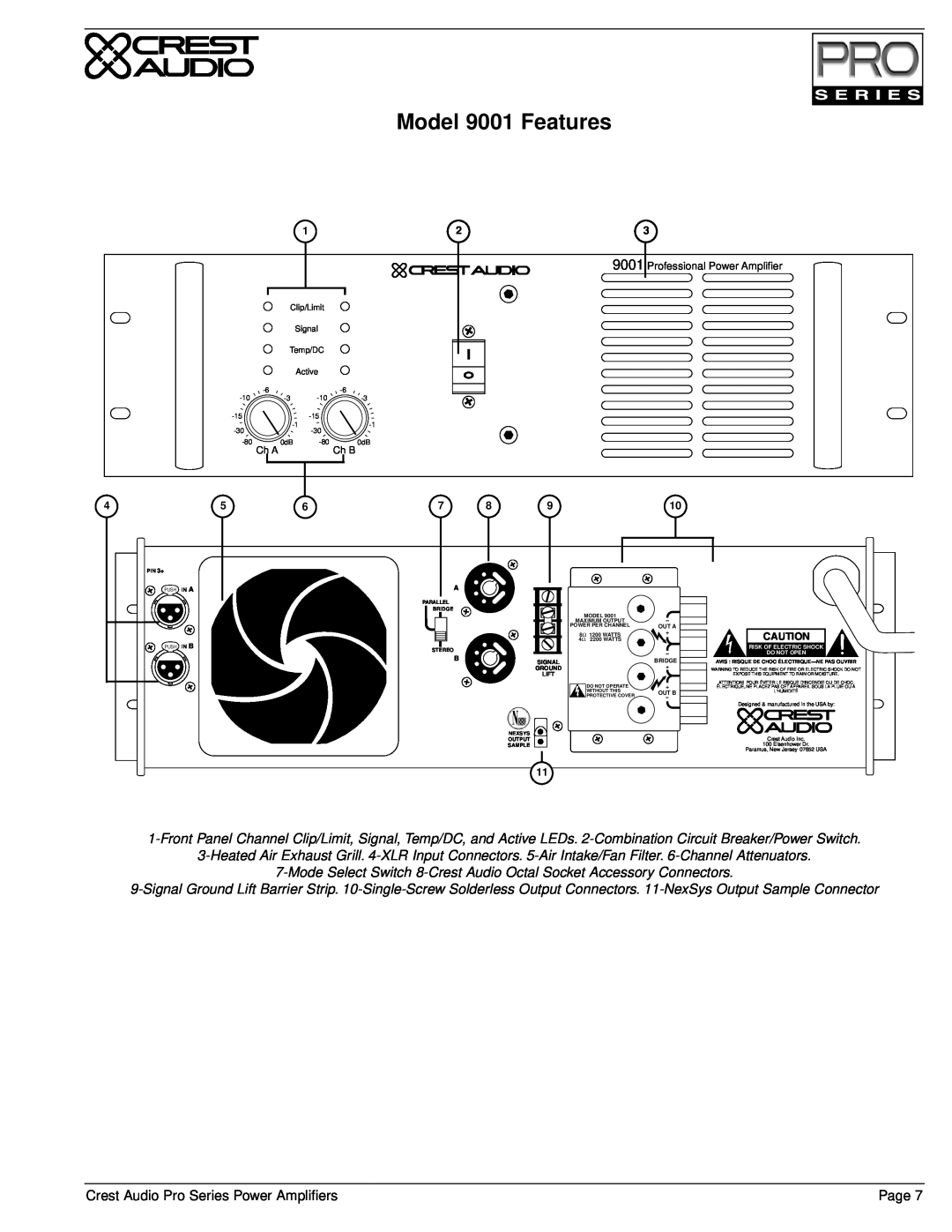 Crest Audio Stereo Amplifier owner manual Model 9001 Features, Professional Power Amplifier 