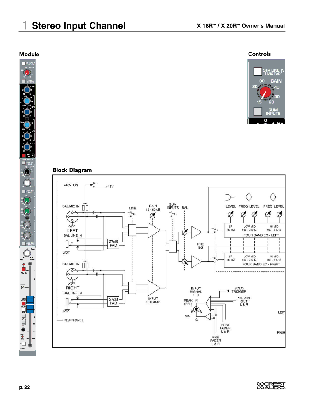 Crest Audio X 20R, X 18R owner manual Stereo Input Channel 