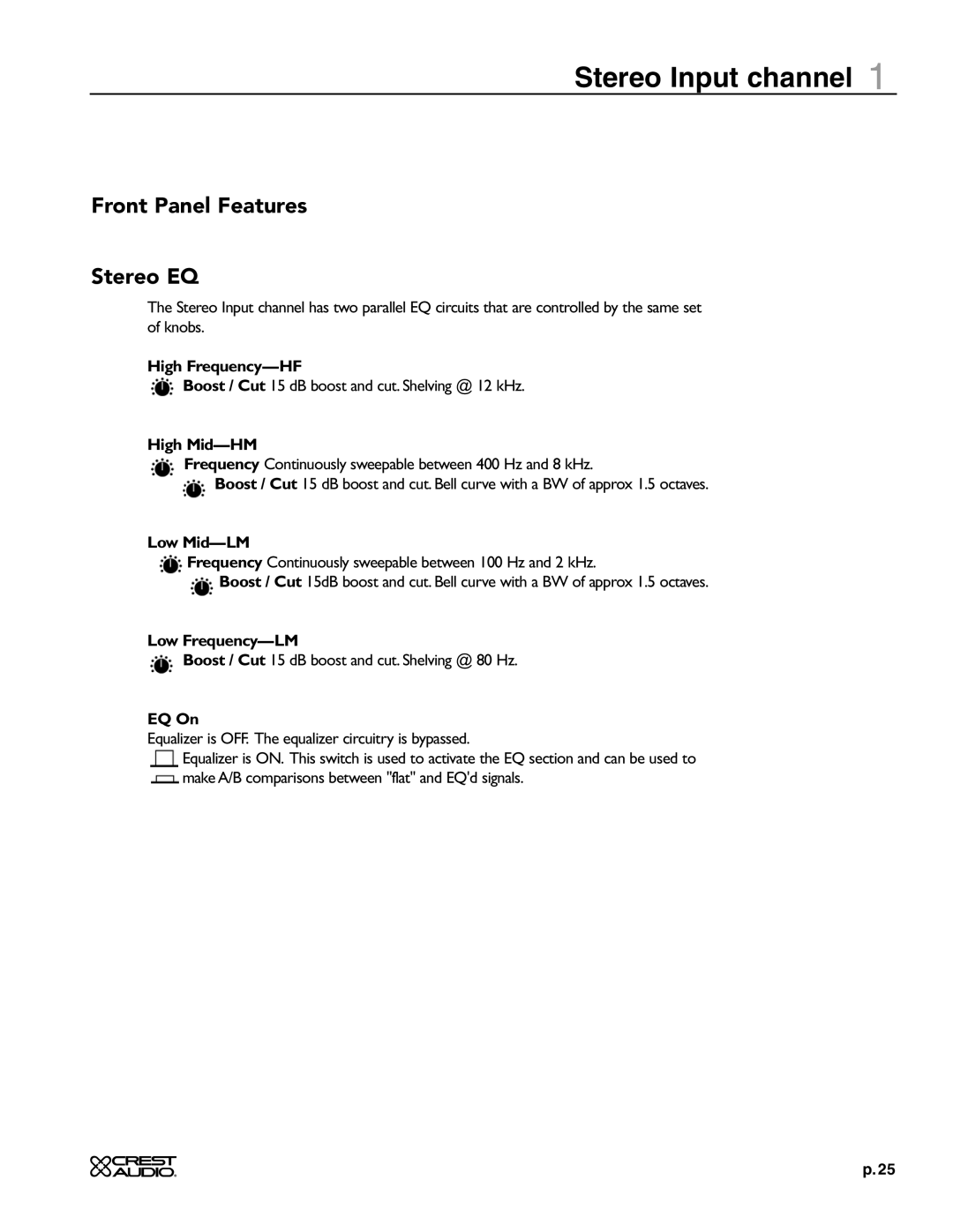 Crest Audio X 18R, X 20R owner manual Front Panel Features Stereo EQ, Low Frequency-LM 