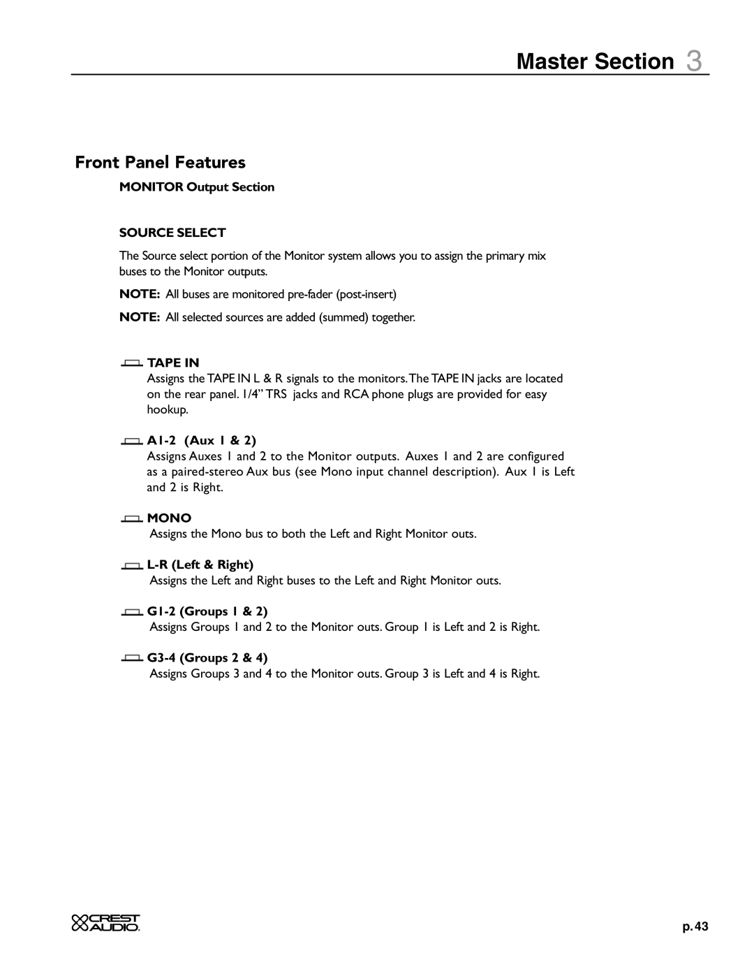 Crest Audio X 18R, X 20R owner manual Source Select, Mono 