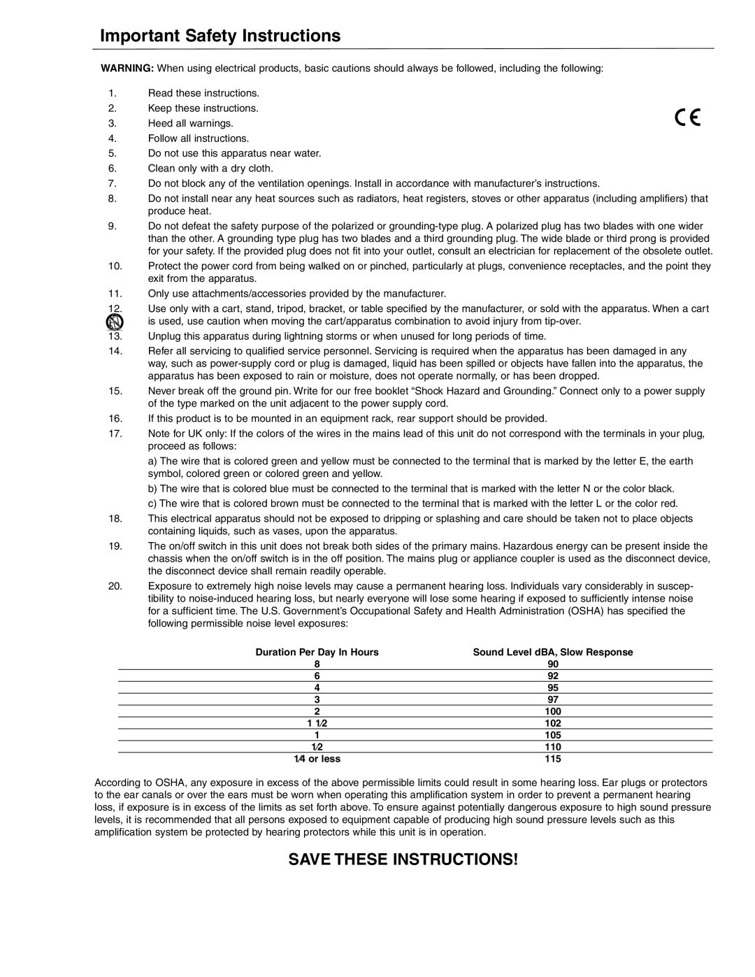 Crest Audio X 18R, X 20R owner manual Important Safety Instructions 