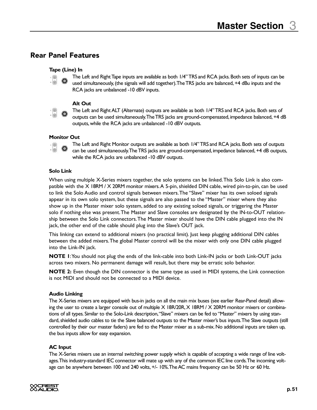 Crest Audio X 18R, X 20R owner manual Tape Line, Alt Out, Monitor Out, Solo Link, Audio Linking, AC Input 