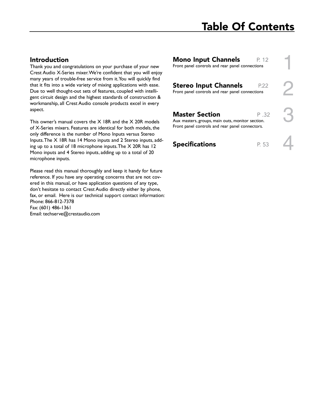 Crest Audio X 18R, X 20R owner manual Table Of Contents 