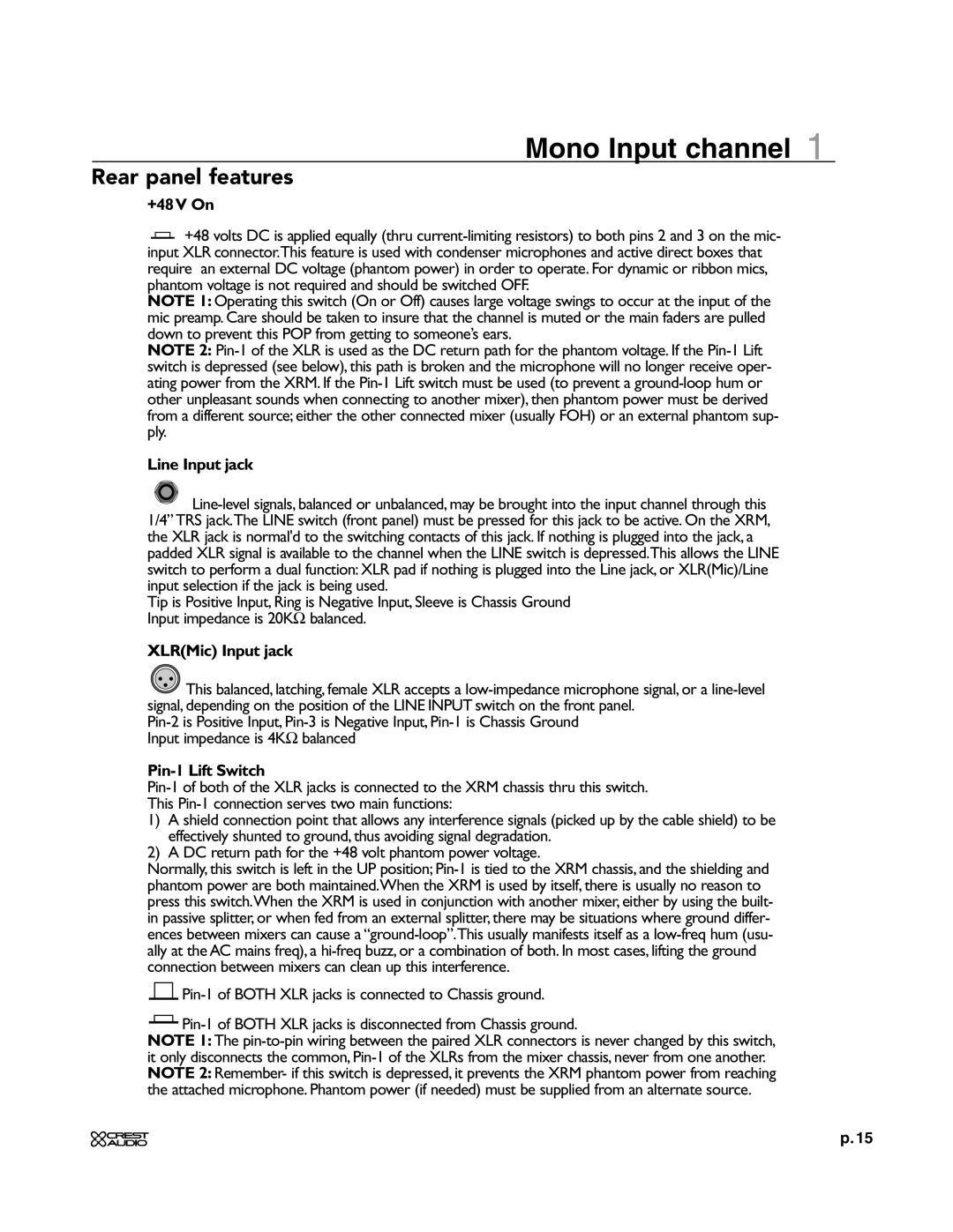 Crest Audio XRM - 12 owner manual +48V On, Line Input jack, XLRMic Input jack, Pin-1 Lift Switch 