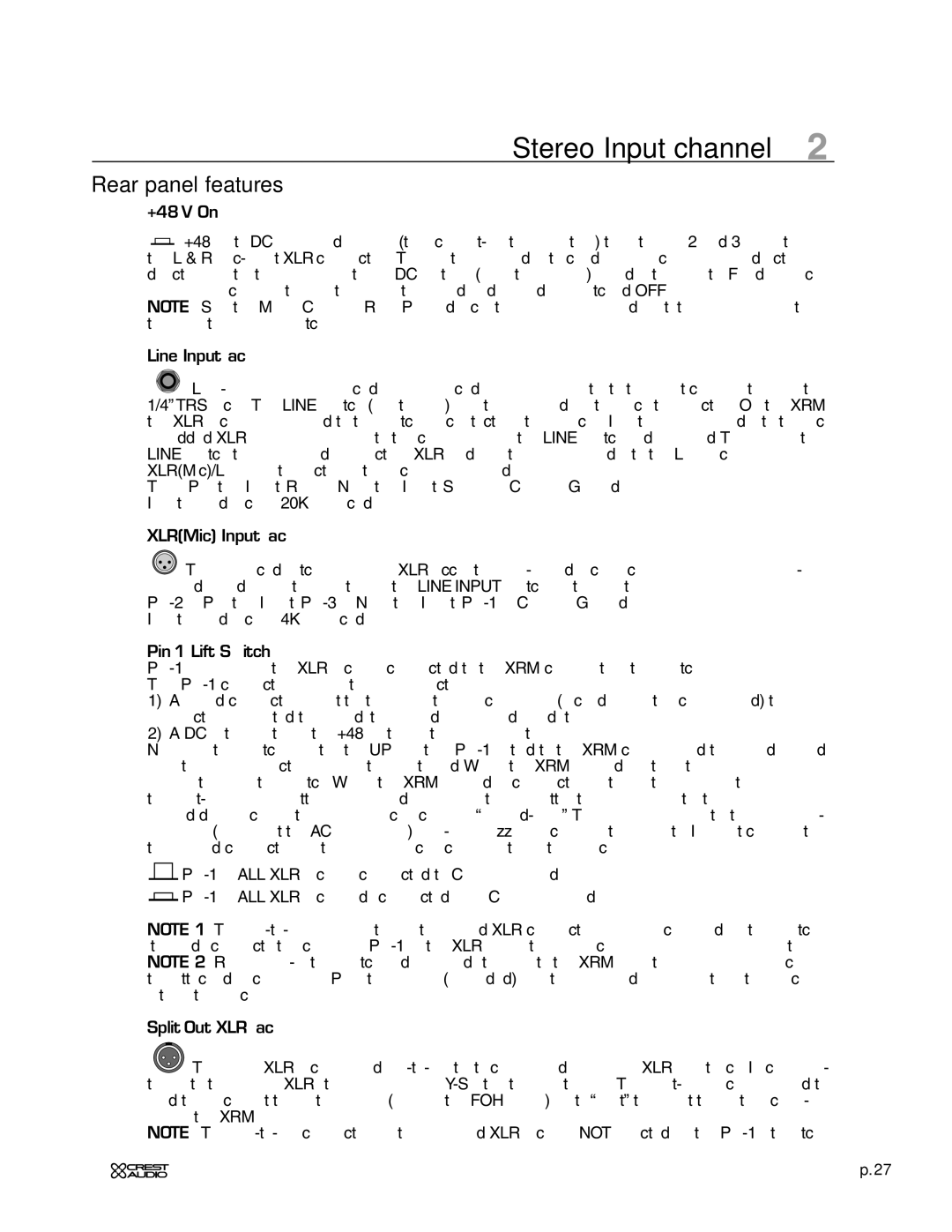 Crest Audio XRM - 12 owner manual +48V On, Split-Out XLR jack 