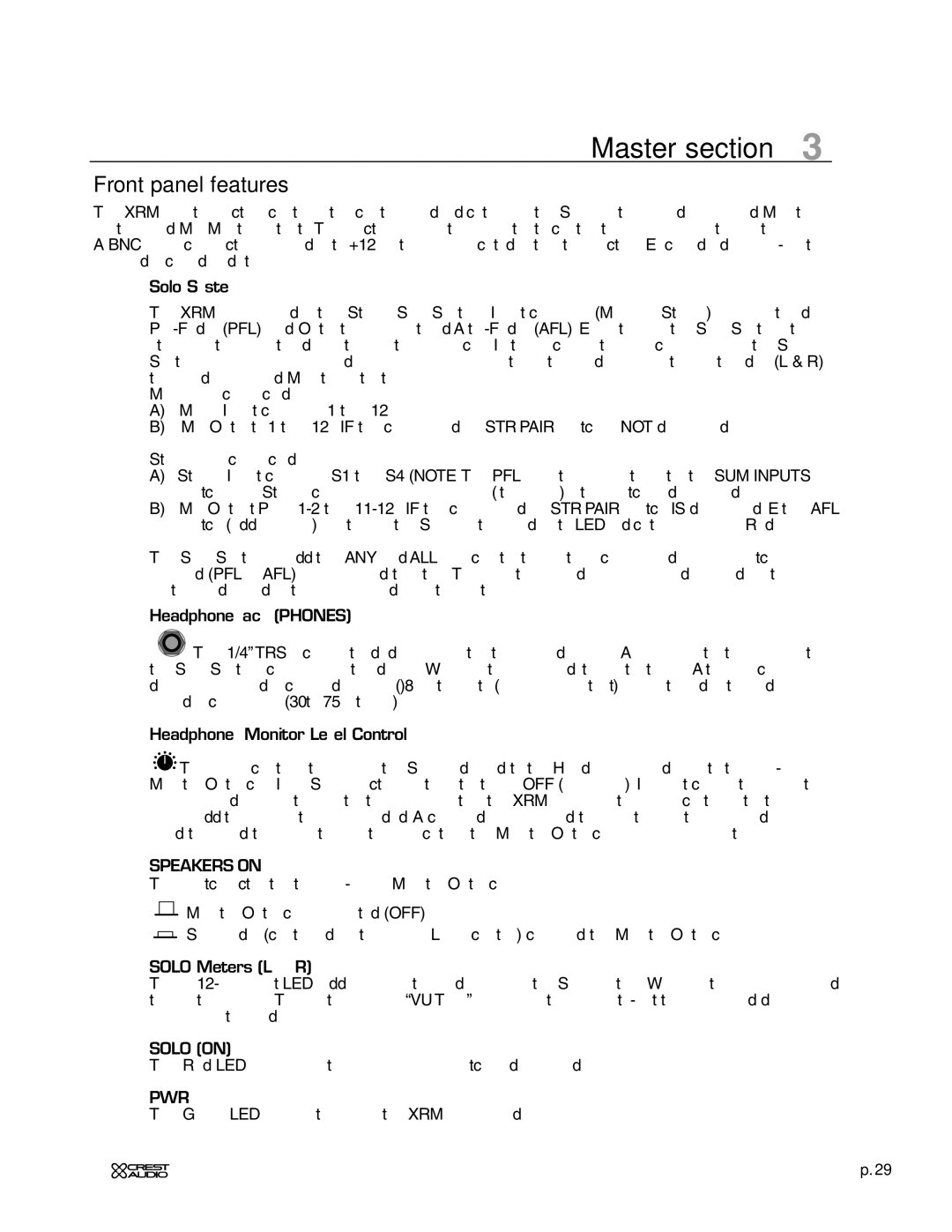 Crest Audio XRM - 12 owner manual Solo System, Headphone jack Phones, Headphone/Monitor Level Control, Solo Meters L & R 