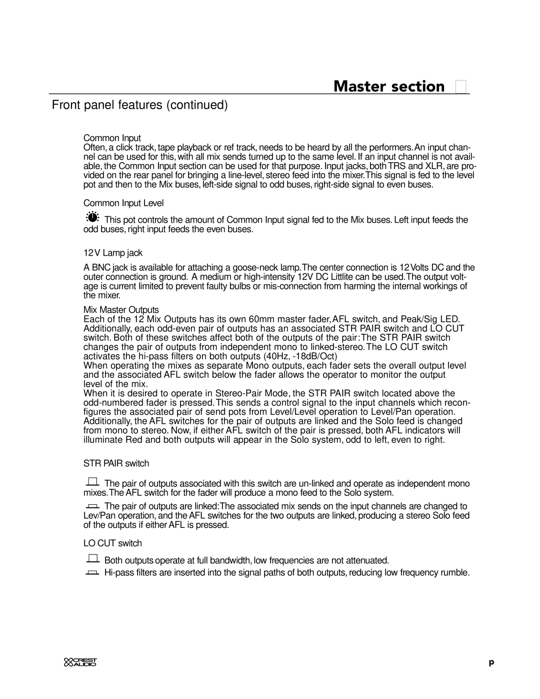 Crest Audio XRM - 12 owner manual Common Input Level, 12V Lamp jack, Mix Master Outputs, STR Pair switch 